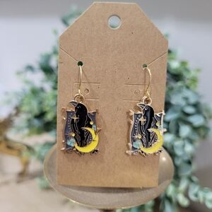 New 18k Gold Plated Celestial Witchy Black Raven Crescent Moon Enamel Earrings